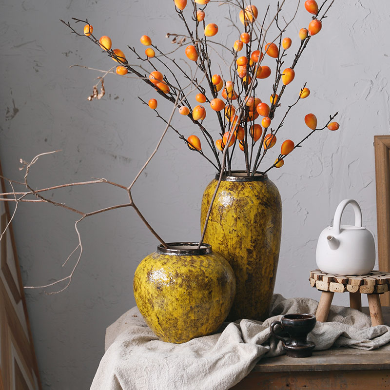 Royal three clay ceramic vase mesa amber yellow desktop furnishing articles sitting room of rural wind decorative dried flowers, flower implement arranging flowers