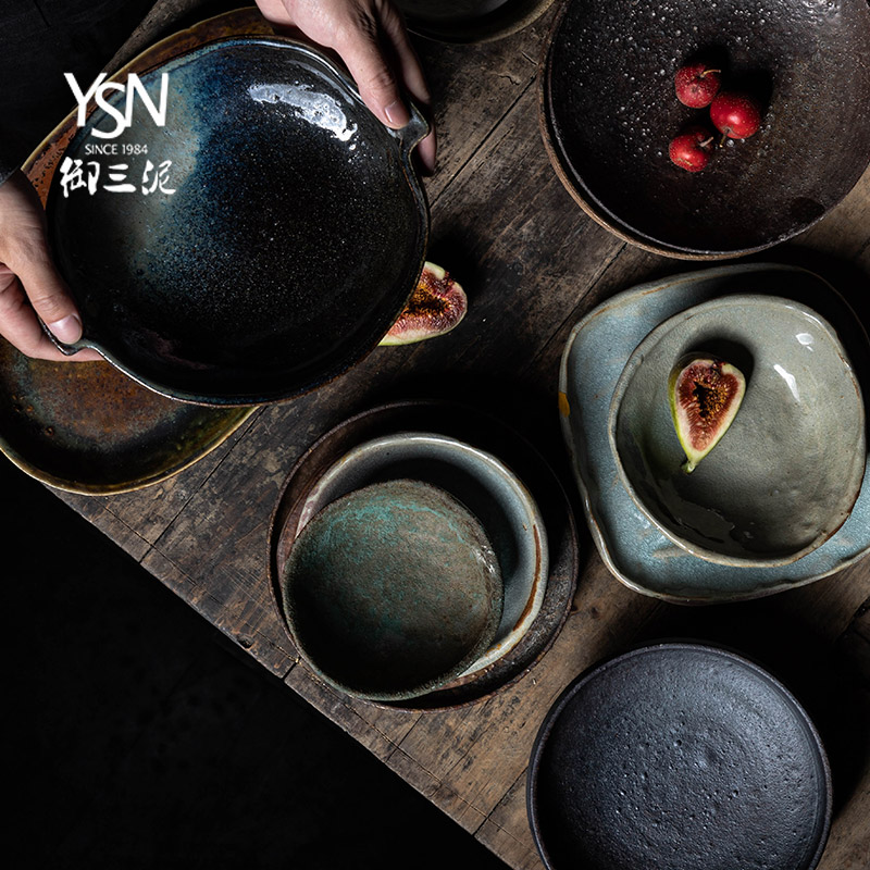 Orphan works, creative home ancient ceramic tableware by hand Japanese dishes retro coarse pottery and porcelain dish dish plate