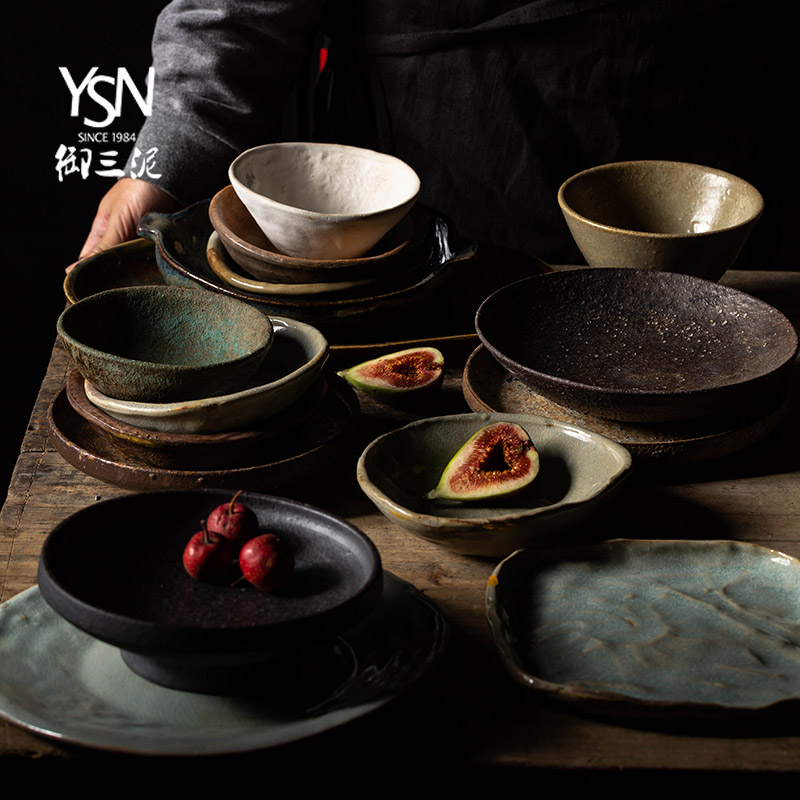 Orphan works, creative home ancient ceramic tableware by hand Japanese dishes retro coarse pottery and porcelain dish dish plate
