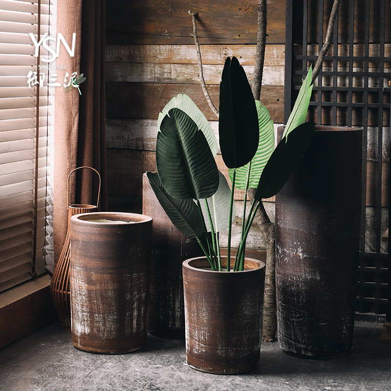 Royal three mud coarse pottery flowerpot restoring ancient ways of large diameter vase Nordic contracted and I pottery, green plant adornment furnishing articles