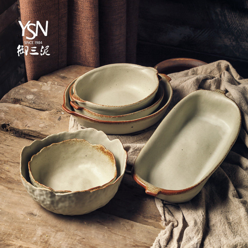 Park wind stoneware fruit plate plate literary and art homestay restaurant special-shaped tableware vintage white fish plate amphora dish cooking bowl