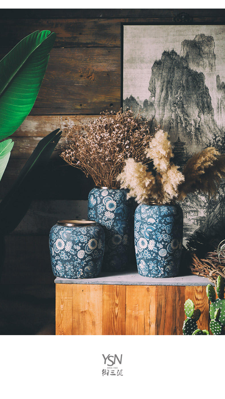 Flower arrangement sitting room place the dried zen three mud jingdezhen ceramic Flower light of new Chinese style key-2 luxury royal blue and white porcelain vase