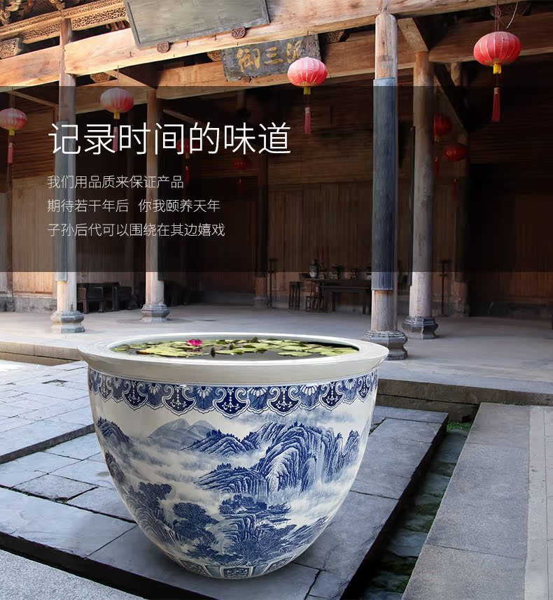 Heavy jingdezhen ceramic cylinder large aquarium lotus pond lily Chinese blue and white landscape ceramic cylinder cornucopia sitting room