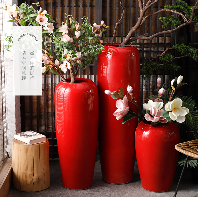 Jingdezhen ceramic floor big vase Chinese festive wedding flower arranging furnishing articles exhibition hall, the opened China red decoration