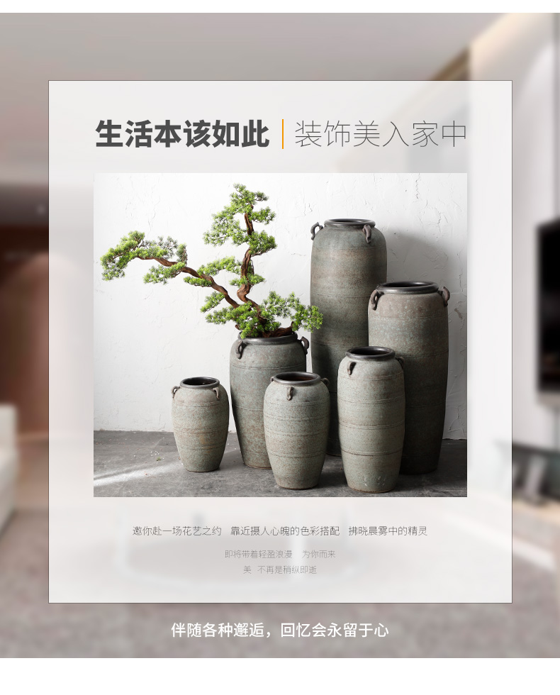 Retro thick clay ground are dried flowers sitting room vase decoration furnishing articles Chinese modern pottery large - diameter zen flowerpot