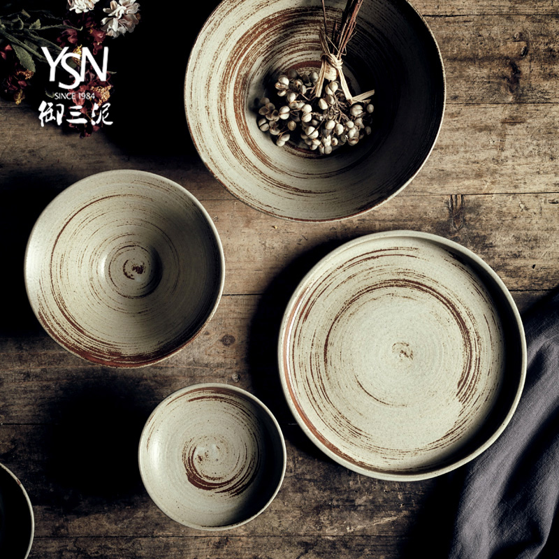 Royal three retro coarse pottery mud flat plate of Japanese steak coarse ceramic tableware ceramics art wind hat to bowl of ears of plates