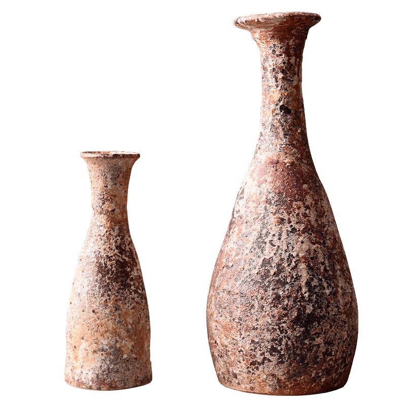 Retro thick clay POTS dry flower adornment furnishing articles teahouse rural ceramic vase planting manual small incision zen flower art