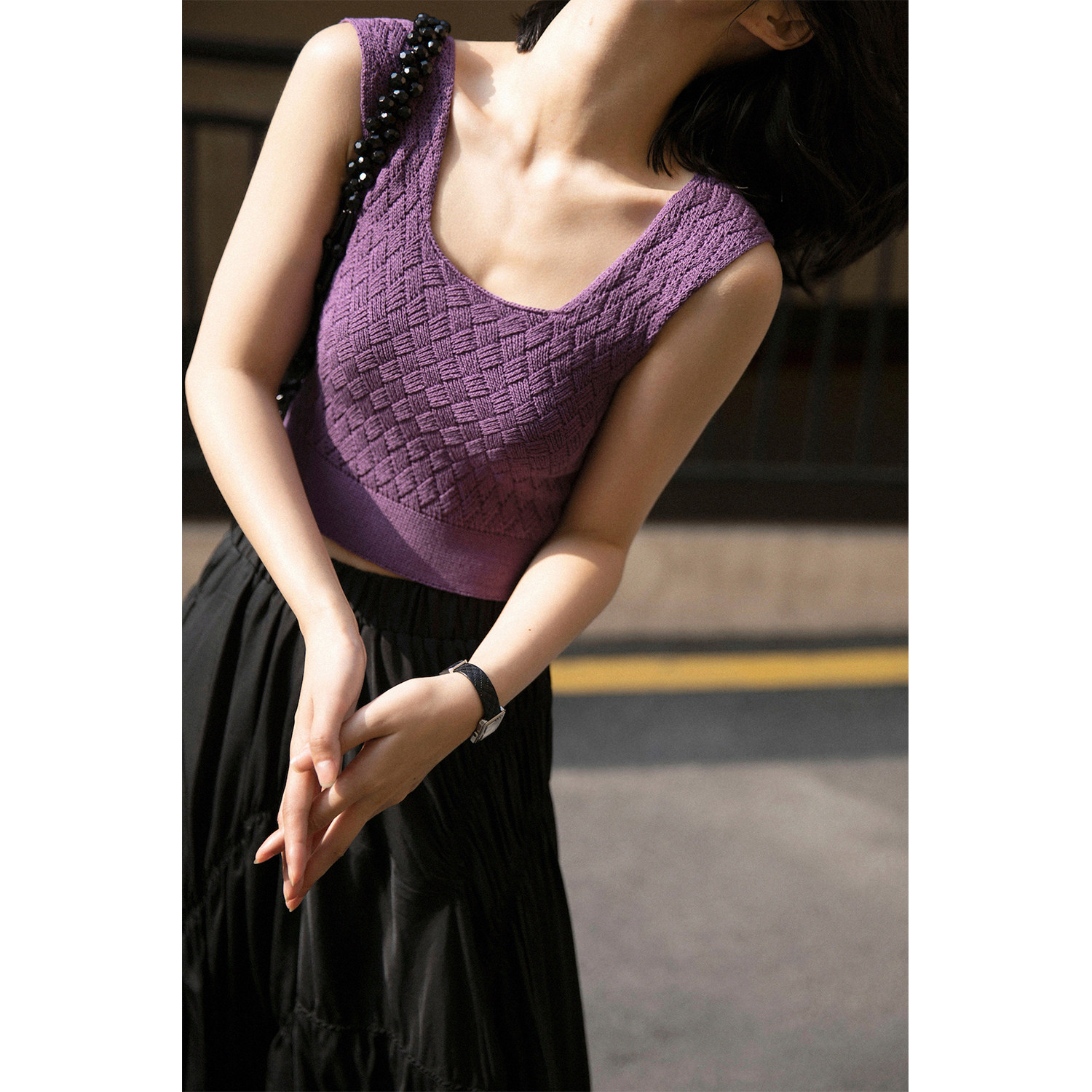 Rui Shi Fashionable Retro Style Inner Wearing Outer Wearing Square Neck Wide Shoulder Straps Rhombus Grid Woven Knitted Vest Women's Summer P6