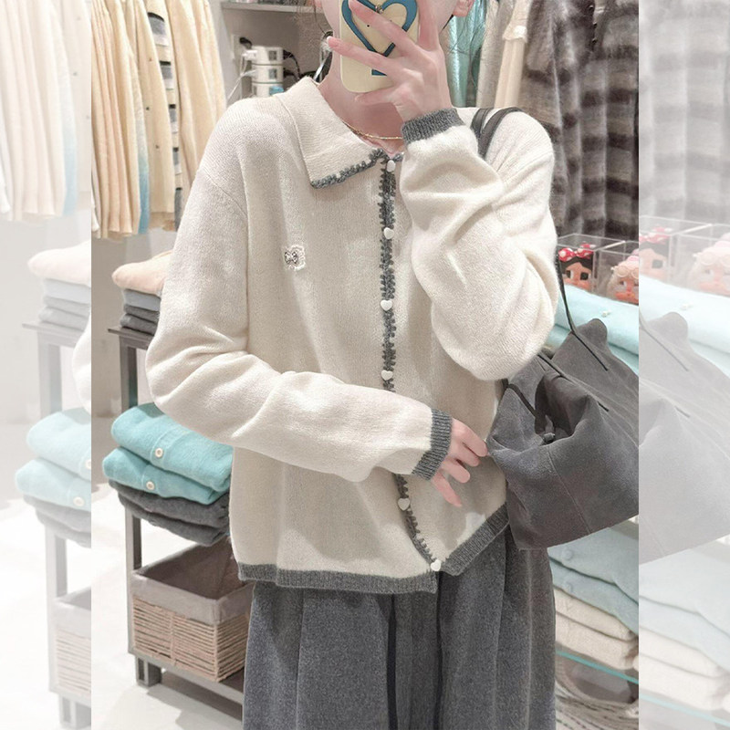 White Collared Knit Cardigan Sweater for Petite Women, Autumn Outfit, Loose Fit, Slimming, Lace Long-Sleeve Jacket Top White Collared Knit Cardigan Sweater for Petite Women, Autumn Outfit, Loose Fit, Slimming, Lace Long-Sleeve Jacket Top