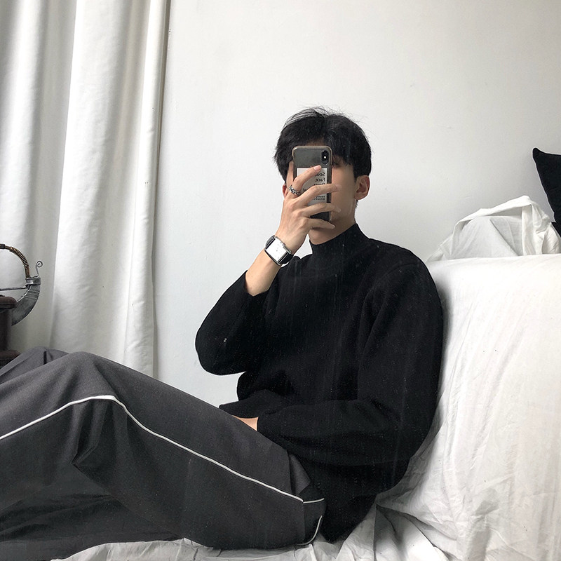 Hualun ins semi-turtleneck sweater men loose cardigan black base solid cashmere sweater knits