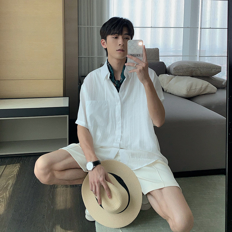 Hualun summer pleated linen thin section ins ruffian handsome shirt men's short-sleeved high-quality handsome square collar shirt tide