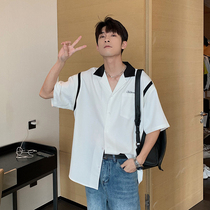 Hualun summer free cool feeling ice silk Cuban collar shirt mens short sleeves loose student college style thin shirt