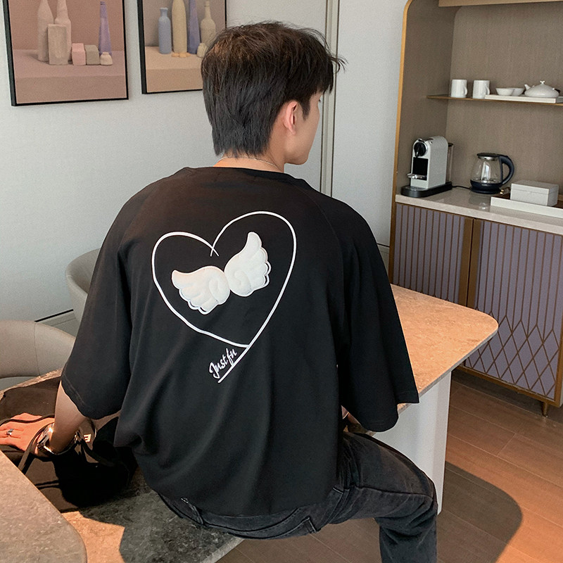 Hualun summer loose back wings couple short-sleeved T-shirt male black round neck handsome Korean cotton T-shirt