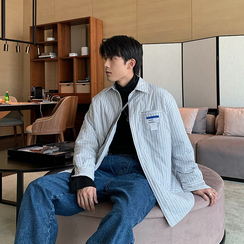 Huanun Winter Port Wind Day Ensemble Striped Gas Shirt Male long sleeve clip cotton thickened Korean version Trend handsome shirt jacket