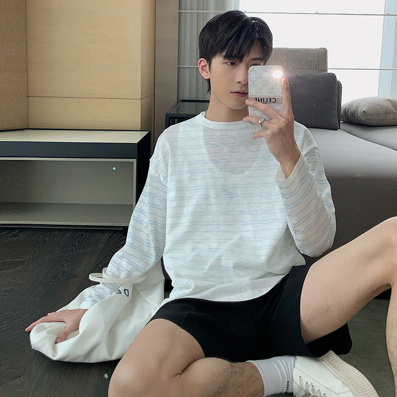 Hualun summer striped long-sleeved t-shirt men's thin section pullover round neck breathable sunscreen shirt ins compassionate summer clothes
