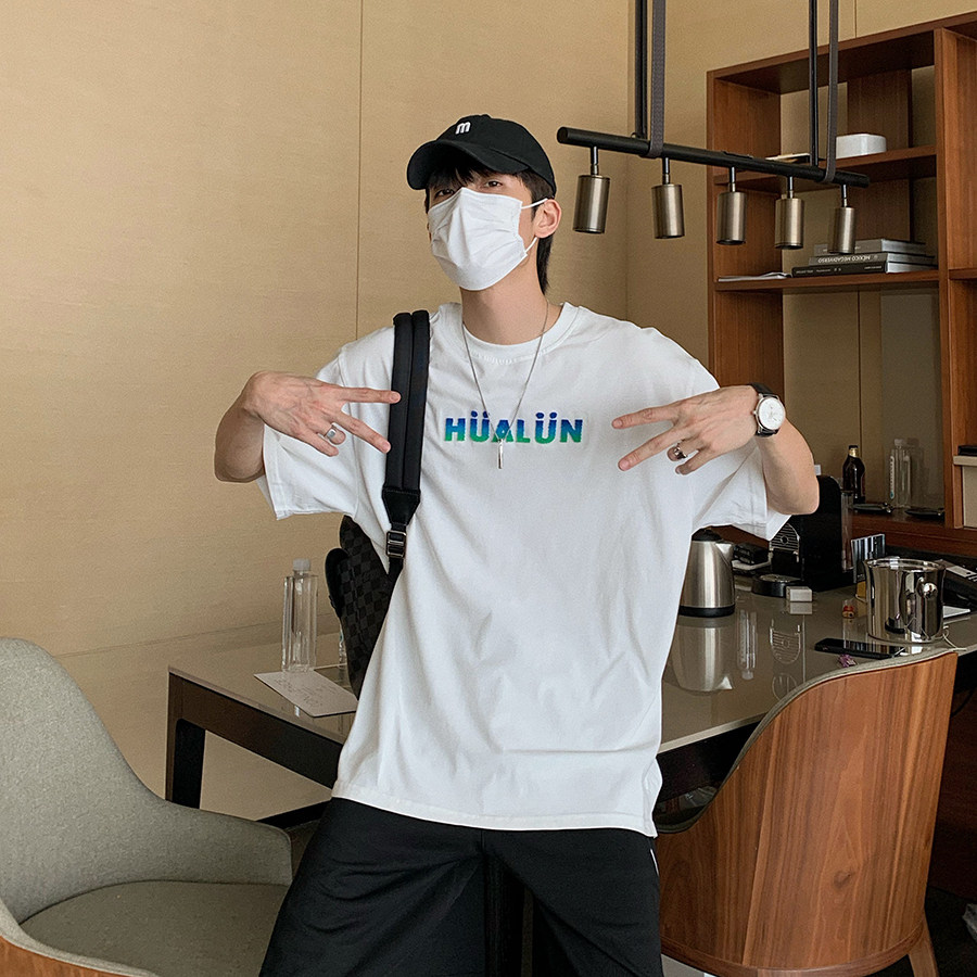 Hualun self-made summer boys short-sleeved couple T-shirt men's loose cotton printed white T-shirt men's tops