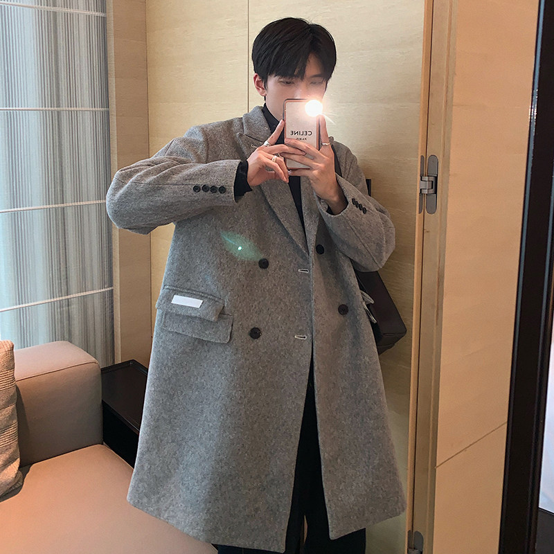 Hualun winter thickened gray woolen coat male long Korean version of tide woolen coat Ruffian handsome port wind ins ins