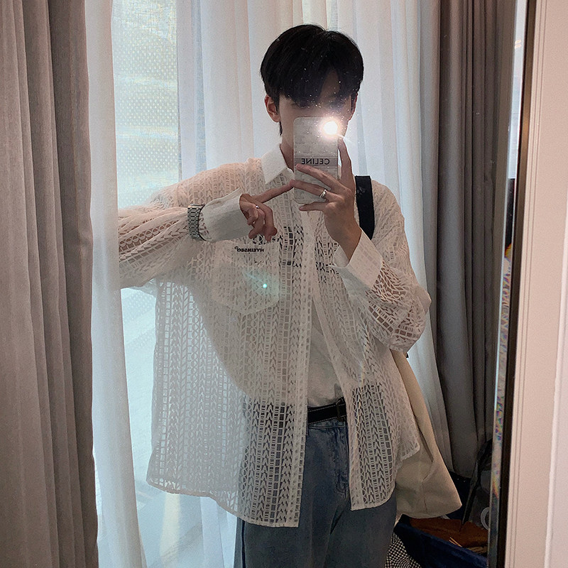 Hualun summer breathable hollow ultra-thin couple sun protection clothing men's cardigan thin section trend shirt tide shirt thin shirt