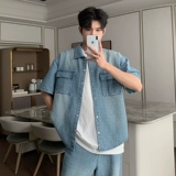 Летняя тонкая синяя рубашка, комплект, изысканный стиль