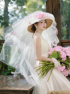 Bride's french retro foam finished hat, veil, travel photo sample headdress, forest style wedding photo studio photo props