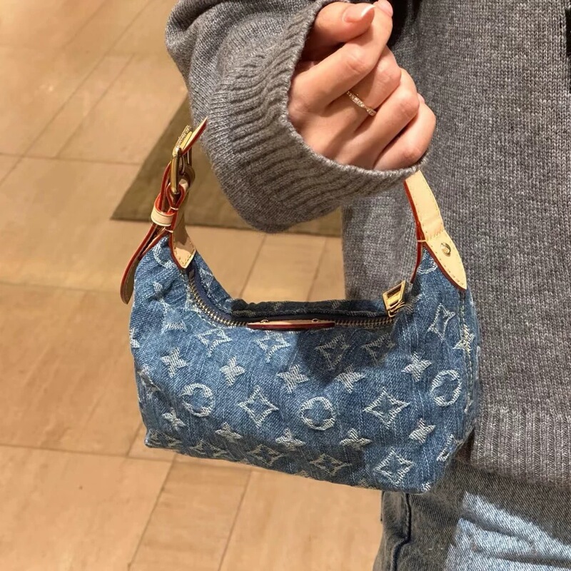 New Blue Retro Denim Print Lunch Box Bag, High-End Shoulder Bag, Underarm Bag, Women's Bag