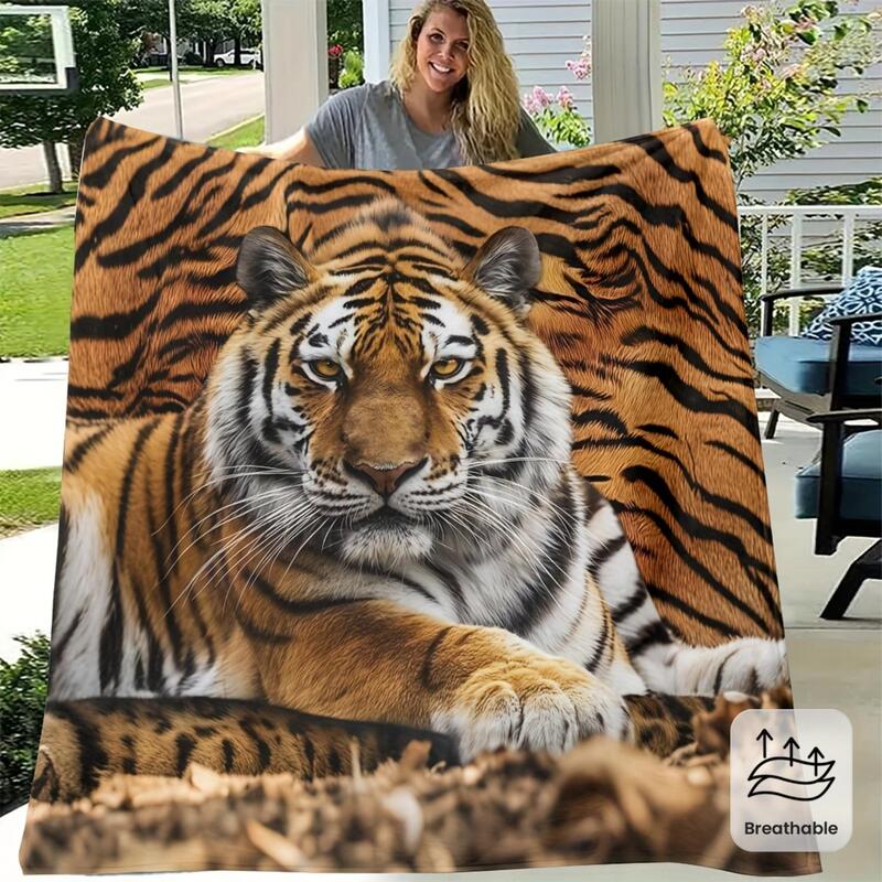 Modern Tiger-Patterned Soft Fleece Blanket, High-Definition Digital Breathable Polyester, Suitable for All Seasons, Machine Washable
