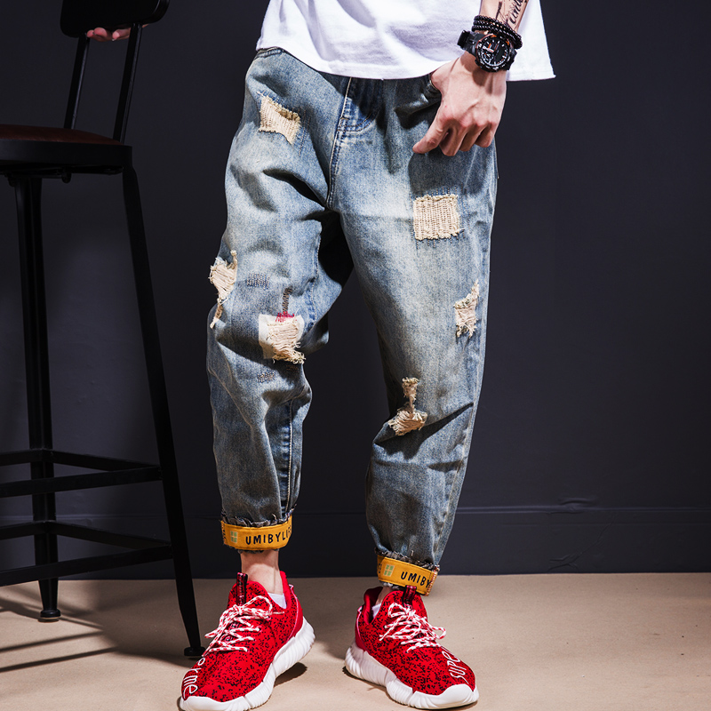 American spring and autumn tooling casual ripped jeans men's trendy brand loose large size harem nine-point pants