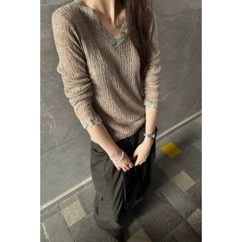 10.9/“Moonlight Lace” Zhang Ying's Super Q Water-Soluble Wool V-Neck Lace Bubble Texture Wool Sweater 10.9/“Moonlight Lace” Zhang Ying's Super Q Water-Soluble Wool V-Neck Lace Bubble Texture Wool Sweater