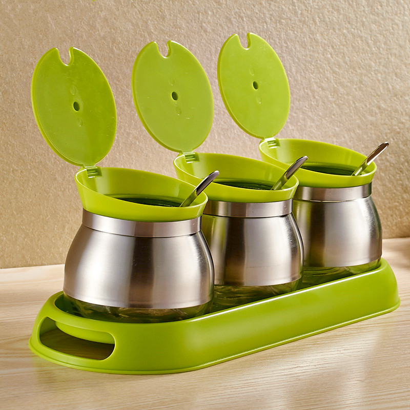 304 Stainless Steel Classic seasoning jar glass seasoning jar MSG Bottle Kitchen Creative Seasoning Bottle Salt Jar Three Sets-Taobao