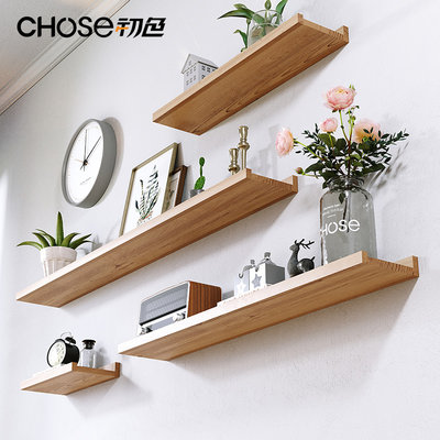 Solid wood wall shelf free punching laminate wall hanging wall shelf TV wall decoration custom one word partition