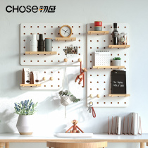 Wooden hole board Nordic solid wood wall shelf Kitchen hole board ins household partition storage display rack