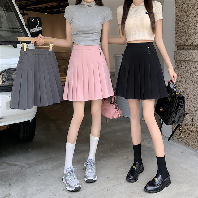 Mid-skirt pleated skirt preppy A-type pleated pockets