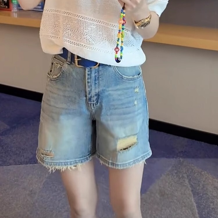 2025 Summer New Ripped Versatile Denim Shorts High-Waisted Slimming Hip-Covering A-Line Fashionable Wide-Leg Pants for Women