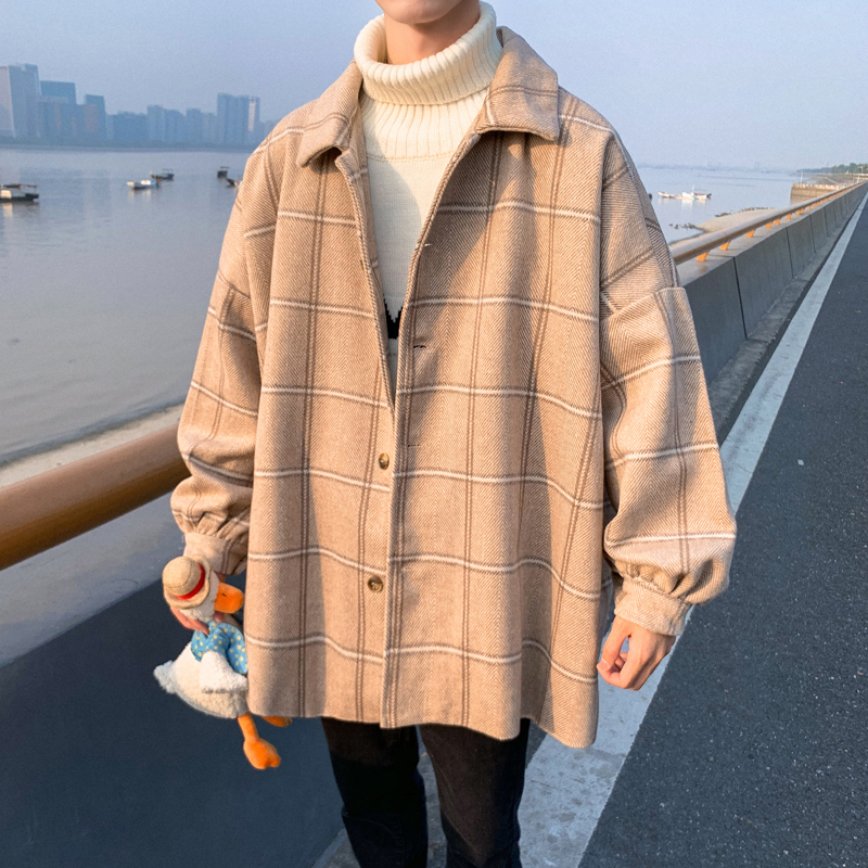 Japanese spring and autumn wool plaid trench coat mens Korean version of the trend ins jacket Hong Kong wind wild retro coat loose