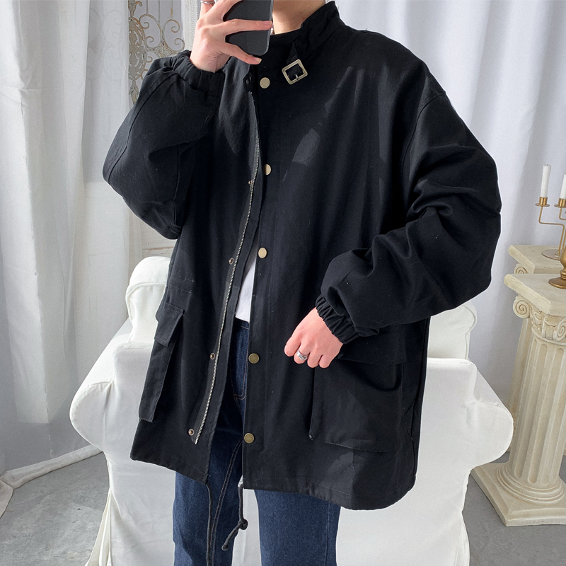 Windbreaker mens long youth spring and autumn student tooling jacket Korean version of the trend handsome jacket no hat loose