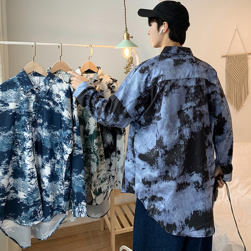 2020 spring and autumn new very fairy shirt men ruffian handsome long-sleeved shirt jacket Hong Kong wind Japanese loose trend printing