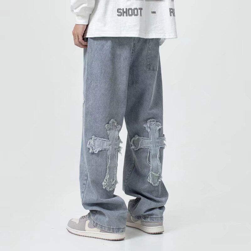 American High Street Cross Fabric Stickup Hip Hop Jeans Mans Boomer Couple Straight Barrel Loose Broadleg Long Pants