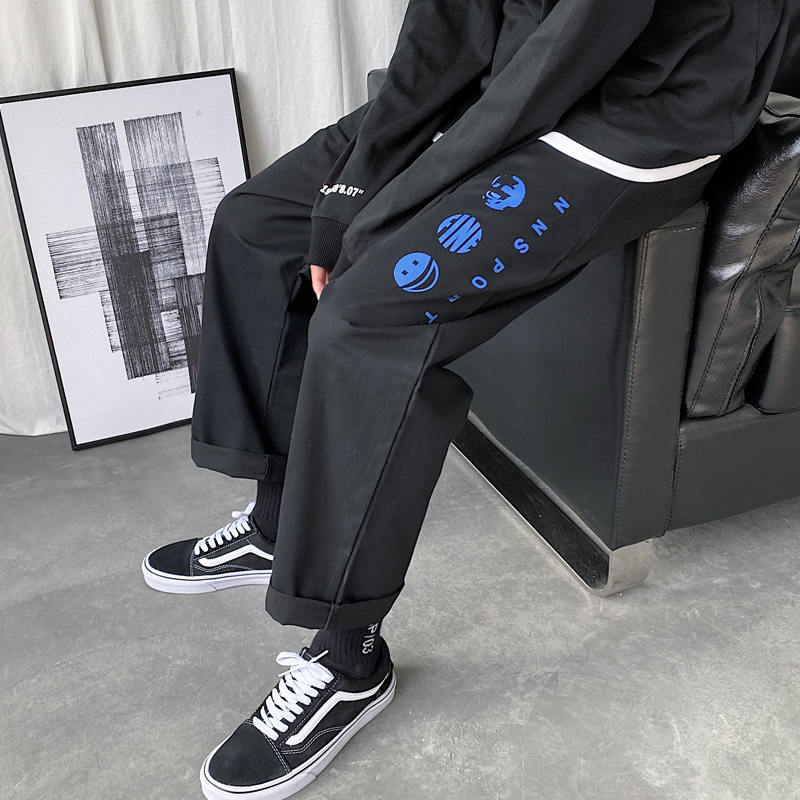 cargo overalls men ins tide brand straight pants spring and autumn loose casual Korean version of the trend student smiley pants