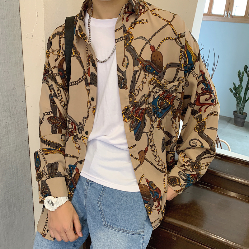 Japanese shirt Mens long sleeve Korean spring and autumn trend hip-hop loose Hong Kong wind flower shirt Couple handsome student jacket