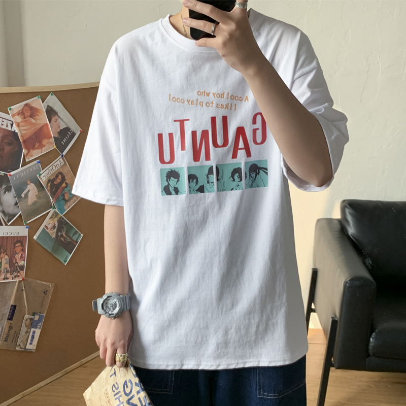 Short sleeve t-shirt mens tide brand personality fashion printed cotton top five sleeve couple summer student ins Hong Kong wind