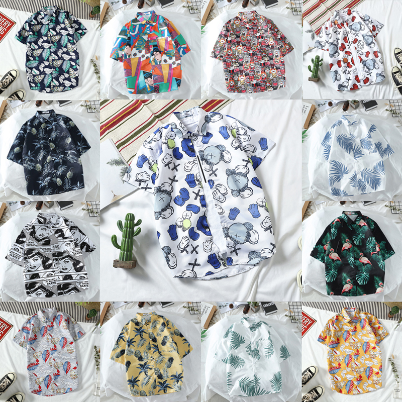 Hawaiian flower shirt Men Ruffian handsome trend casual loose Hong Kong wind beach holiday floral short sleeve shirt Couple tide