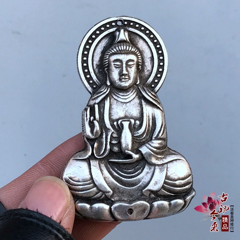 Antique collection Miao silver pure copper silver plated white copper silver pendant waist token bronze Guanyin Buddha