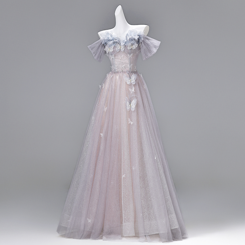 Dreamy One-Shoulder Evening Dress, High-End Light Luxury Niche One-Shoulder Long Dress, Light Purple, Heavy Craftsmanship, Puffy Skirt