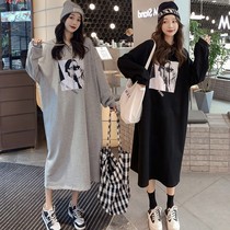 American High Street hooded long clothes female size design sense niche knee hips plus velvet sweater skirt women autumn and winter