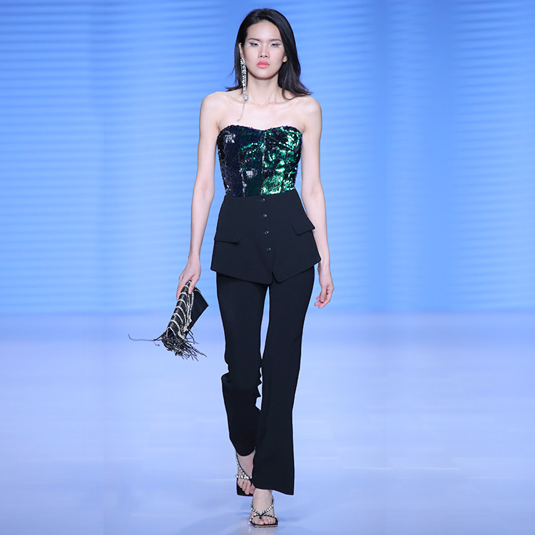 MAGGIE MA Ma Jing original dark green laser sequin tube top all-match black trousers suit 416S 409P