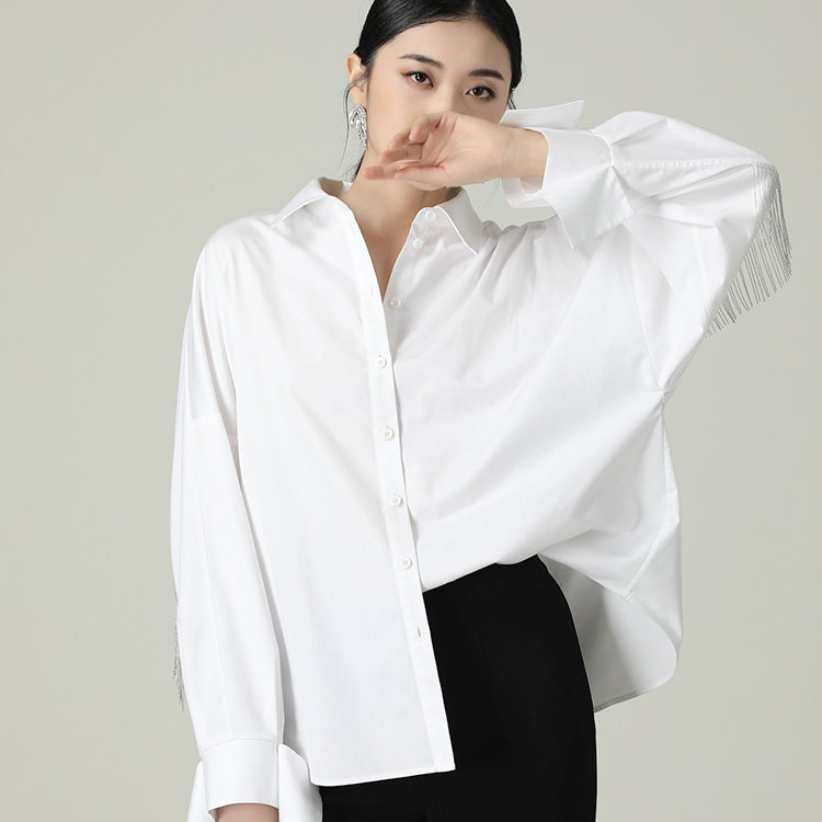 MAGGIE MA Ma Qian Independent designer paragraph Recommender metal flow Suwhite shirt female cotton Leisure Long sleeves 448S