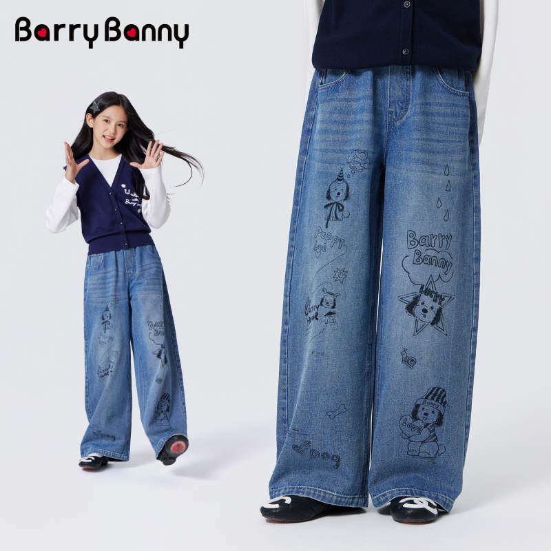 Barrybanny Girls' Cute Graffiti Denim Wide-Leg Pants 2026 Autum New Kidsren's Hand-Painted Printed Pants Barrybanny Girls' Cute Graffiti Denim Wide-Leg Pants 2026 Autum New Kidsren's Hand-Painted Printed Pants
