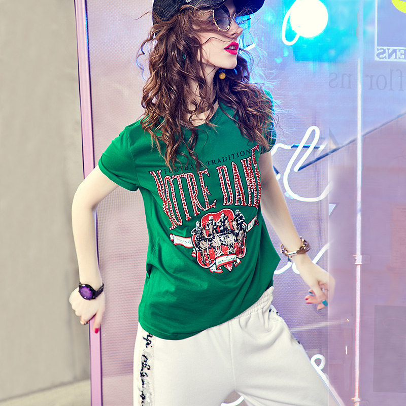 European station green short-sleeved t-shirt women's 2022 new summer heavy industry bead printing T-shirt bottoming shirt slim top
