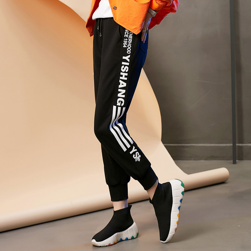 European station black pants women's spring 2022 new letter printing cotton harem pants lace casual trousers tide