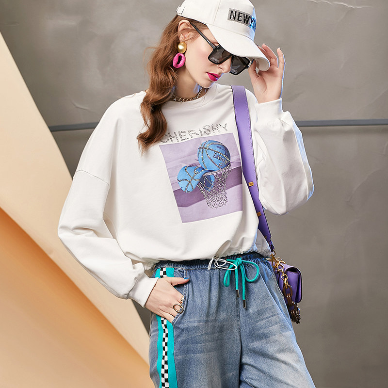 European goods white T-shirt women's 2022 new spring hot diamond printing small drawstring bottoming shirt long-sleeved top
